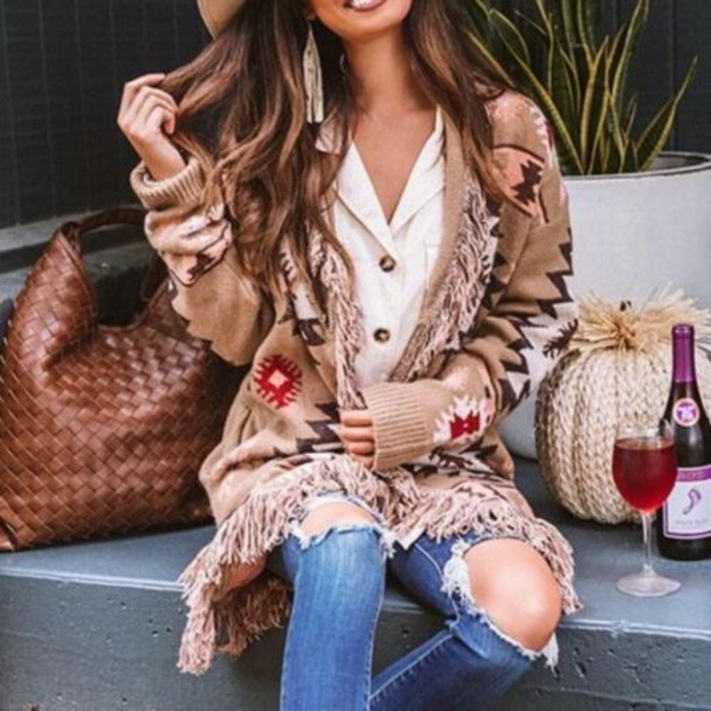 New Aztec Fringe Cardigan Sweater Coat - Picture 6 of 8